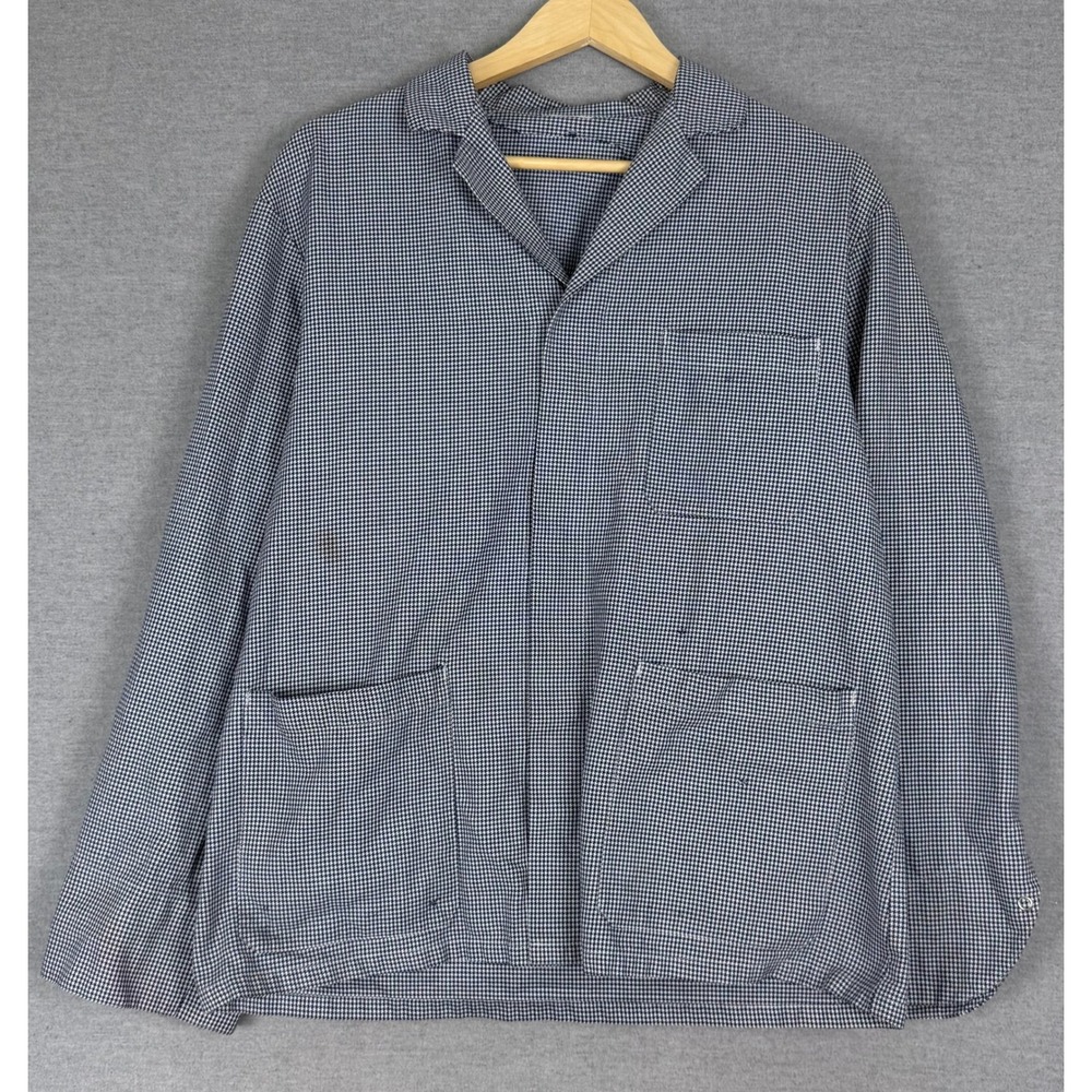 Vintage French Chore Coat Houndstooth Blue White Workwear Jacket Fits Large